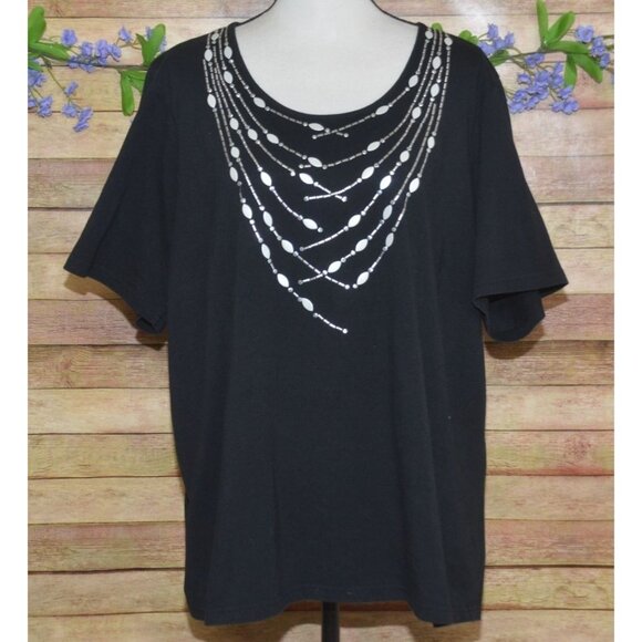 Bob Mackie Wearable Black Short Sleeve Blouse Top Size 2X Silver Necklace Design - Picture 1 of 8